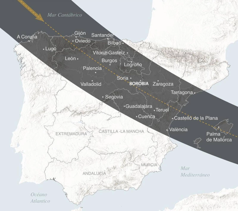 Mapa de la franja del eclipse solar 2026 en España